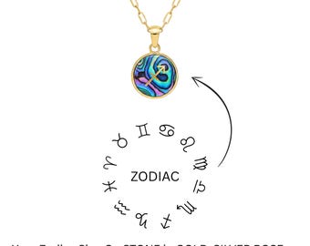 Abalone Shell Zodiac Sign Necklace • Personalized Zodiac On Gemstone Pendant
