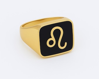 Custom Zodiac Signet Ring, Black Onyx, Gold Plated or Sterling Silver