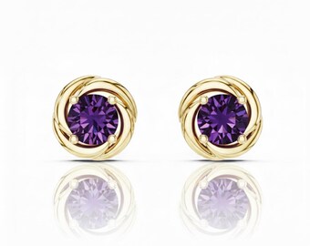 18k Gold Sterling Silver Gemstone Stud Earrings, Round Cut