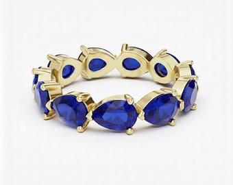 18k Gold Pear Cut Blue Sapphire Eternity Band