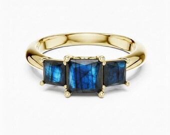 Princess Cut Labradorite Three Stone Ring, 24K Gold