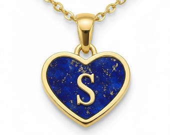 Lapis Lazuli Initial Heart Necklace • Personalized Alphabet Charm Pendant