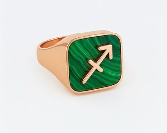 Malachite Zodiac Signet Ring, 24k Gold Vermeil, Custom Engraved