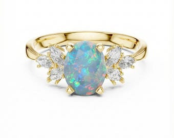Fire Opal Engagement Ring with Side Diamonds, Sterling Silver Ring, Oval Cut Ring
