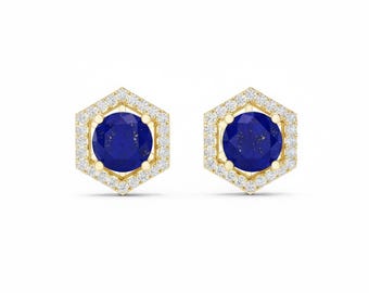 18k Gold Sterling Silver Gemstone Stud Earrings, Moissanite Side Stones