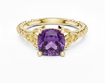 Cushion Cut Amethyst Ring, Twisted Band 24K Gold Ring