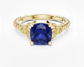 Cushion Cut Blue Sapphire and Citrine Ring, Twisted Band 24K Gold Ring