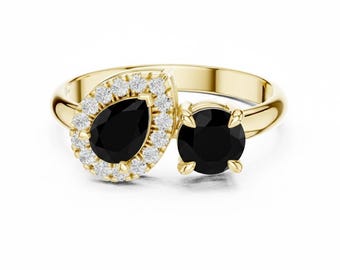 Black Onyx Toi et Moi Ring, Personalized Two Stone Gemstone Ring with Diamond Halo