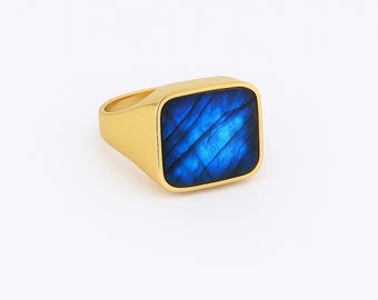 Square Gemstone Signet Ring, 24k Gold Bold Ring