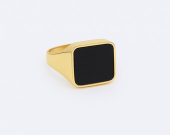 Black Onyx Square Signet Ring, 24k Gold Bold Ring