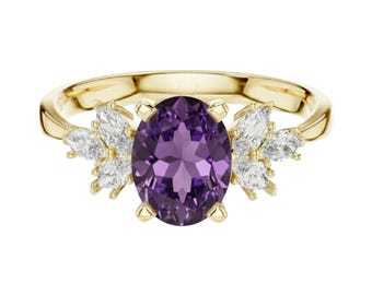 Amethyst Engagement Ring with Side Diamonds, Sterling Silver Ring, Oval Cut Ring