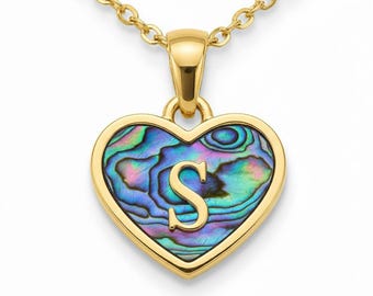 Abalone Shell Initial Heart Necklace • Personalized Alphabet Charm Pendant