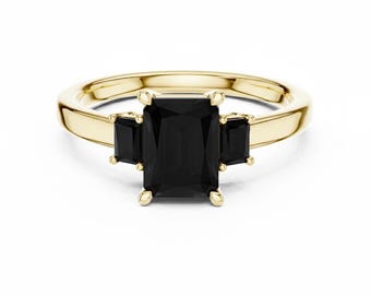 Emerald Cut Black Onyx Three Stone Ring 24k Gold