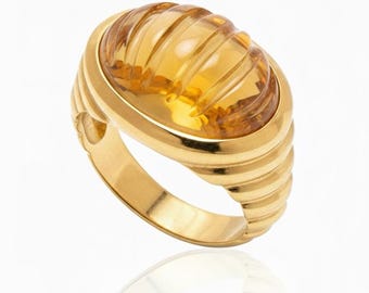 Citrine Ring, 24K Gold Ribbed Dome Signet
