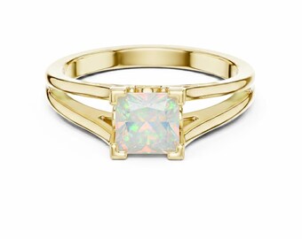 Princess Cut Opal Engagement Ring, Split Shan Statement Ring
