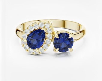 Blue Sapphire Toi et Moi Ring, Personalized Two Stone Gemstone Ring with Diamond Halo