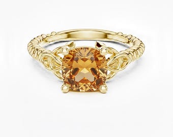 Cushion Cut Citrine Ring, Twisted Band 24K Gold Ring