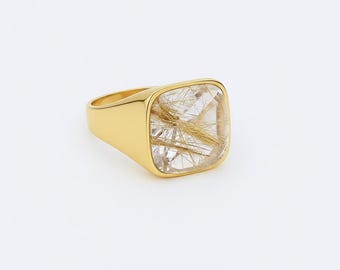 Rutile Quartz Square Signet Ring, 24k Gold Bold Ring