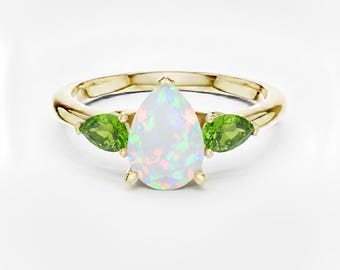Opal and Peridot Custom Pear Cut Gemstone Ring, Three Stone Design