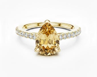 Teardrop Cut Citrine Engagement Ring 24k Gold Pave Diamond Band
