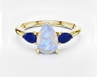 Moonstone and Lapis Custom Pear Cut Gemstone Ring, Three Stone Design