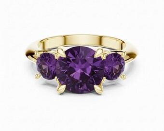 Round Cut Gemstone Ring, Three Stone Vintage Style Engagement Ring 24k Gold