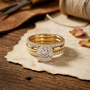 Könnte beinhalten: Ein dreiteiliges goldenes Ringset. Der Verlobungsring hat einen großen, quadratisch geschliffenen Diamanten. Die beiden anderen Ringe sind Goldbänder, eines mit kleinen Diamanten. Die Ringe liegen auf einem Stück Pergamentpapier mit Holzgrund.