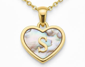 Mother of Pearl Initial Heart Necklace • Personalized Alphabet Charm Pendant