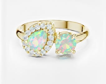 Opal Toi et Moi Ring, Personalized Two Stone Gemstone Ring with Diamond Halo