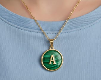 Malachite Initial Necklace • Personalized Alphabet Charm Pendant