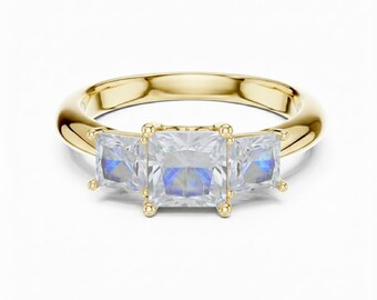 Vintage Moonstone Engagement Ring, Three Stone Square Cut, 24K Gold