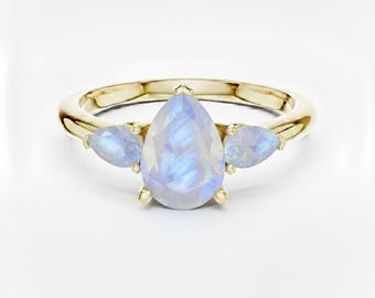 Rainbow Moonstone Pear Cut Gemstone Ring, Three Stone Design