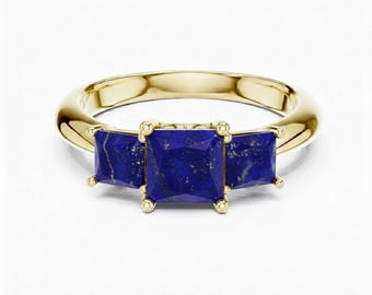 Princess Cut Lapis Lazuli Three Stone Ring, Sterling Silver