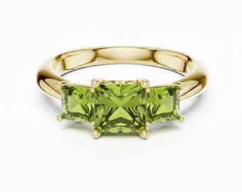 Princess Cut Peridot Ring, Three Stone 24K Gold Engagement Ring