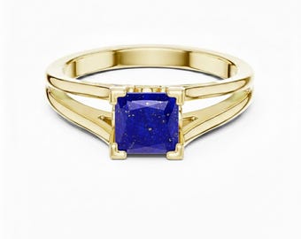 Princess Cut Lapis Lazuli Engagement Ring, Split Shan Statement Ring