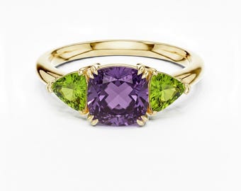 Amethyst and Peridot Ring, Cushion & Trillion Cut, Three Stone Design