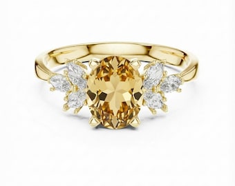 Citrine Engagement Ring with Side Diamonds, Sterling Silver Ring, Oval Cut Ring