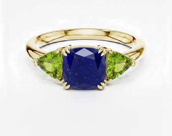 Lapis and Peridot Ring, Cushion & Trillion Cut, Three Stone Design