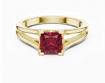 Princess Cut Red Ruby Engagement Ring, Split Shan Statement Ring