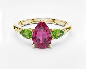 Pink Tourmaline and Peridot Custom Pear Cut Gemstone Ring, Three Stone Design