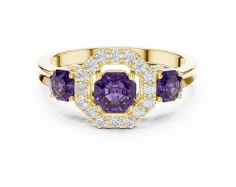 Octagonal Cut Gemstone Ring, Sterling Silver Moissanite Halo Engagement Ring