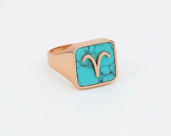 Custom Turquoise Zodiac Signet Ring, 24k Gold Plated