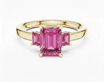 Emerald Cut Pink Tourmaline Three Stone Ring 24k Gold