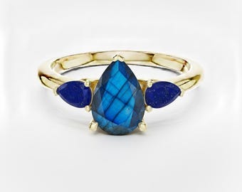 Labradorite and Lapis Custom Pear Cut Gemstone Ring, Three Stone Design