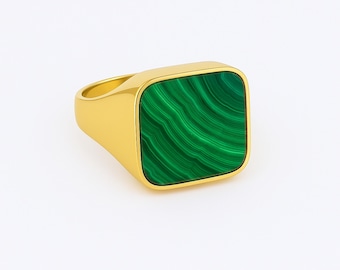 Malachite Square Signet Ring, 24k Gold Plated Bold Ring