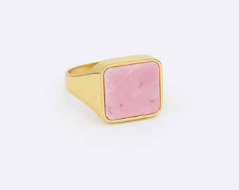 Pink Opal Square Signet Ring, 24k Gold Bold Ring