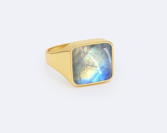 Rainbow Moonstone Square Signet Ring, 24k Gold Bold Ring