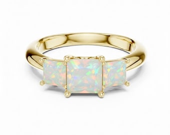 Princess Cut Lab Grown Opal Ring, Three Stone 24K Gold Engagement Ring