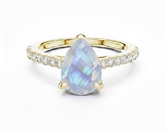 Teardrop Cut Rainbow Moonstone Engagement Ring 24k Gold Pave Diamond Band