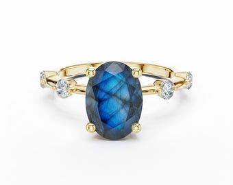 Oval Cut Gemstone and Diamond Engagement Ring, Vintage Style Ring 24k Gold
